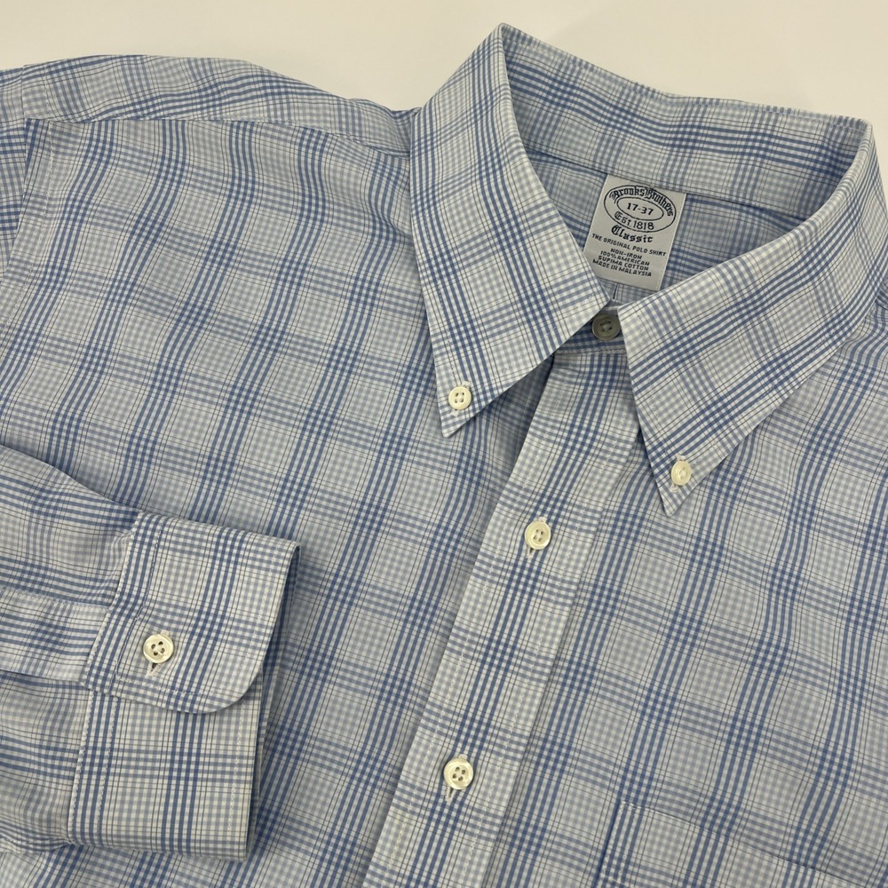Brooks Brothers Dress Shirt Men's Size 17-37 Light Blue Window Pane Button Down